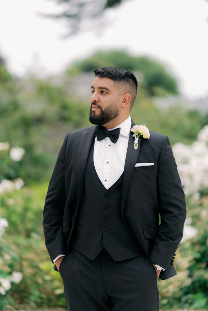 Elegant portrait of groom at Burtonfields Hall
