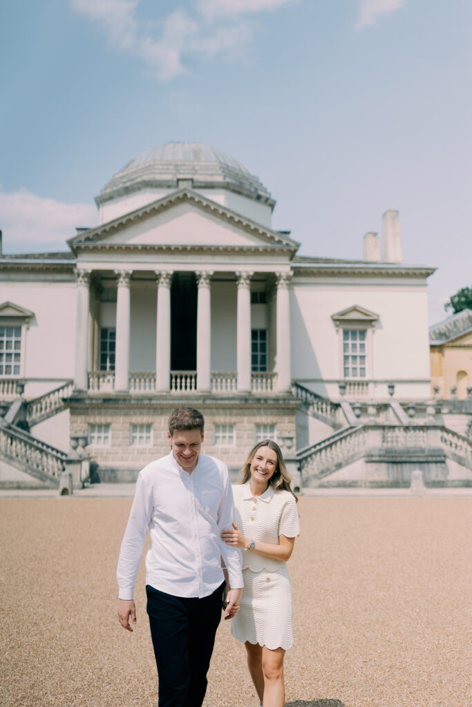 Timeless engagement photography with ornate balustrade Chiswick House West London