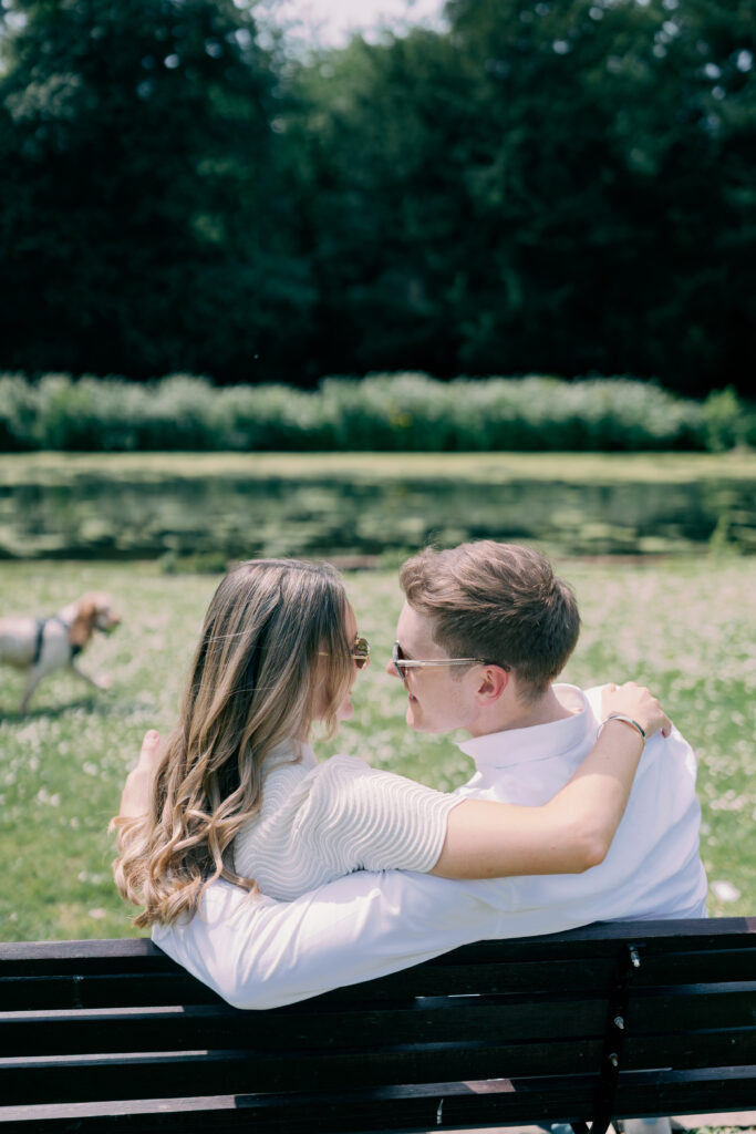 Natural engagement portraits in dappled sunlight Chiswick House grounds London