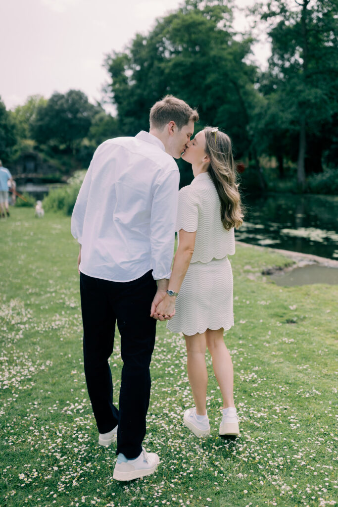 Spring engagement photography among blooming shrubs Chiswick House gardens London