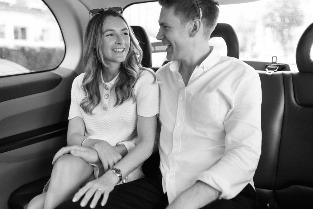 Elegant bride and groom by vintage wedding car luxury London photography