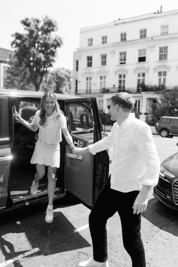 Timeless wedding portrait couple with heritage car period London architecture