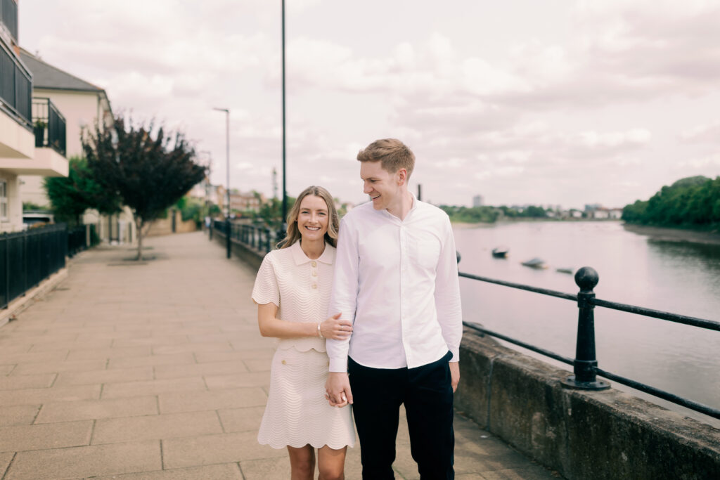 Fine art engagement portraits along Thames Path Chiswick West London