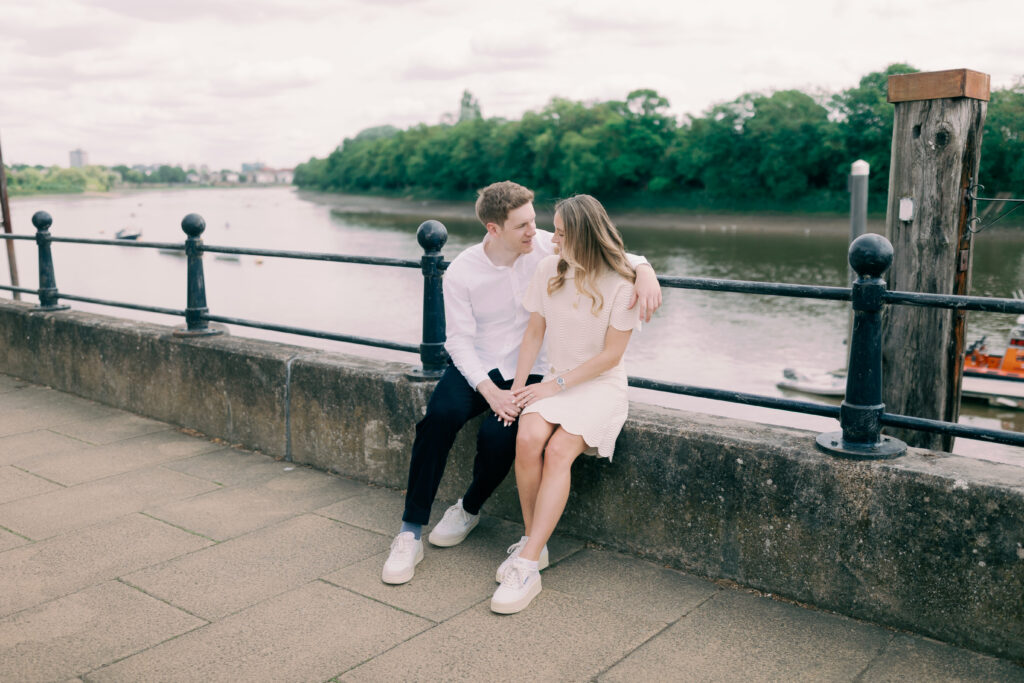 Fine art engagement portraits along Thames Path Chiswick West London