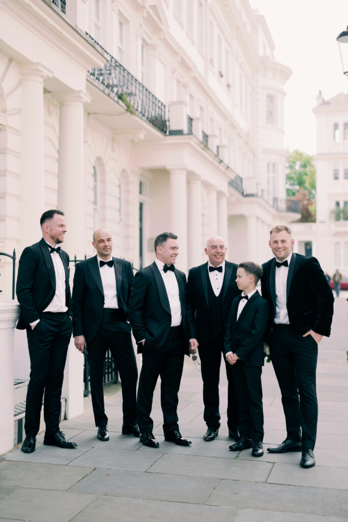 Sophisticated groom portrait in elegant London wedding setting